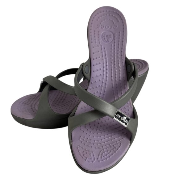Crocs Cyprus Wedge Heel Shoe Womens 9 Gray Lavender Sandals Comfort Slip On - Picture 2 of 9